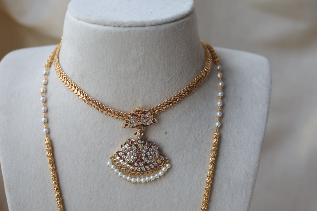 Heritage gold plated ruby white stone long and short necklace with earrings HLS1190