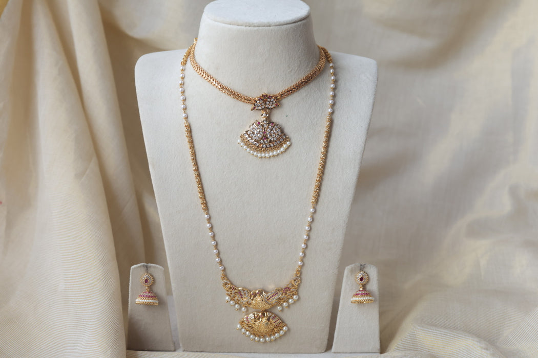 Heritage gold plated ruby white stone long and short necklace with earrings HLS1190