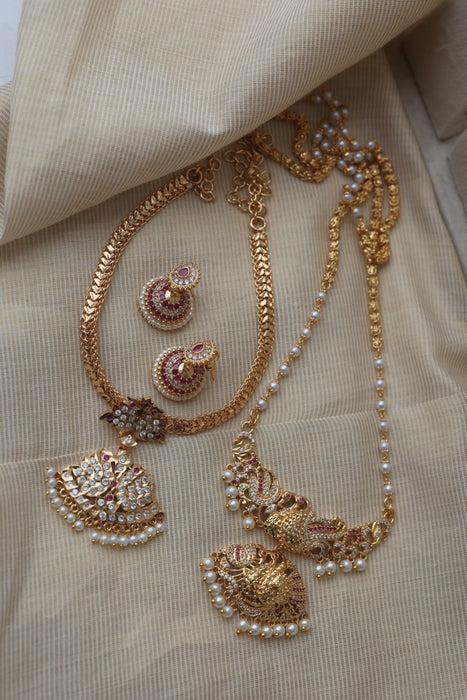 Heritage gold plated ruby white stone long and short necklace with earrings HLS1190