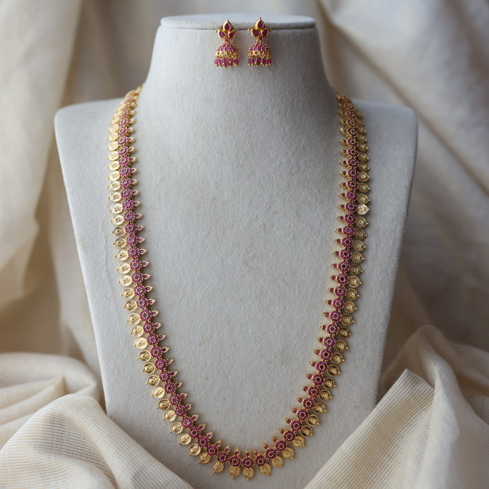 Heritage gold plated ruby stone coin long necklace with earrings HL0822