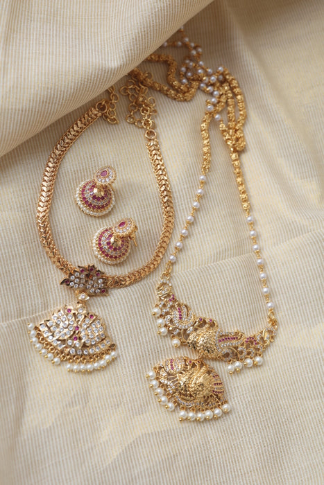 Heritage gold plated ruby white stone long and short necklace with earrings HLS1190