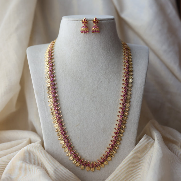 Heritage gold plated ruby stone coin long necklace with earrings HL0822