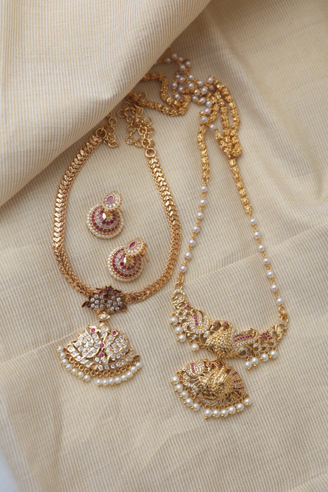 Heritage gold plated ruby white stone long and short necklace with earrings HLS1190