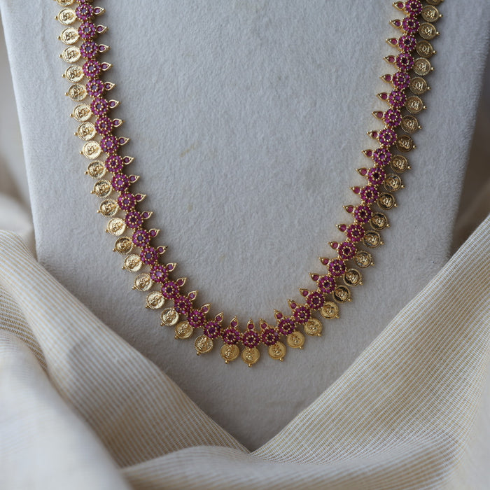 Heritage gold plated ruby stone coin long necklace with earrings HL0822