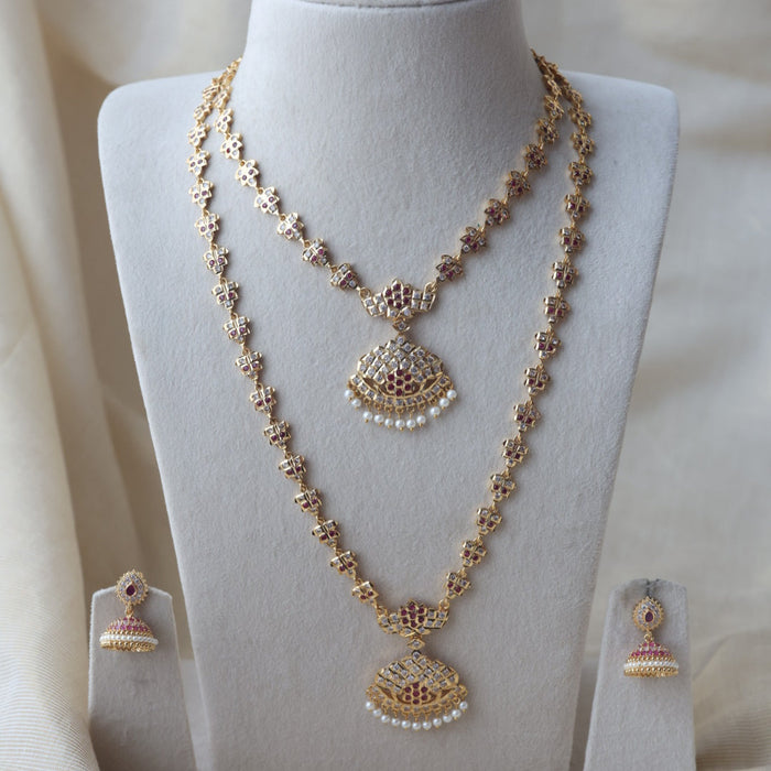 Heritage gold plated white stone long and short necklace with earrings HLS189