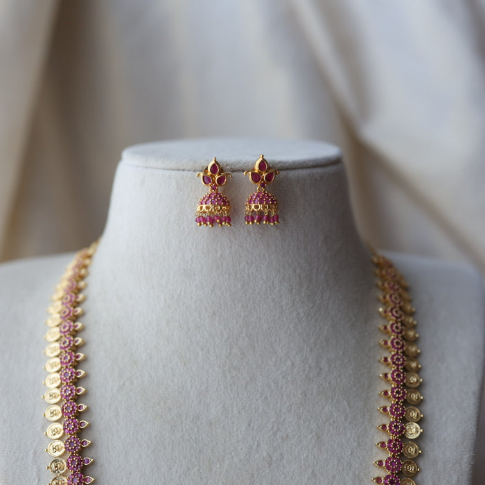 Heritage gold plated ruby stone coin long necklace with earrings HL0822