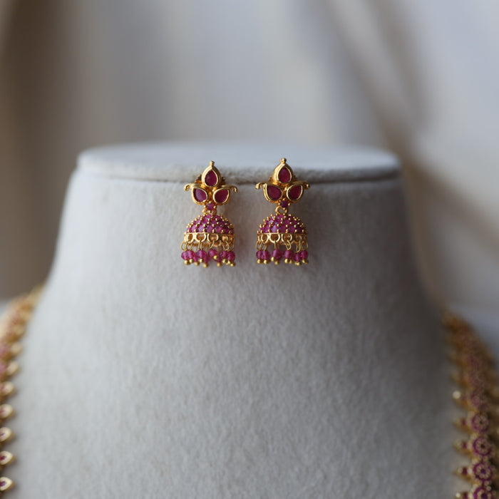 Heritage gold plated ruby stone coin long necklace with earrings HL0822