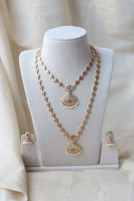 Heritage gold plated white stone long and short necklace with earrings HLS189