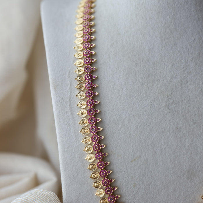Heritage gold plated ruby stone coin long necklace with earrings HL0822