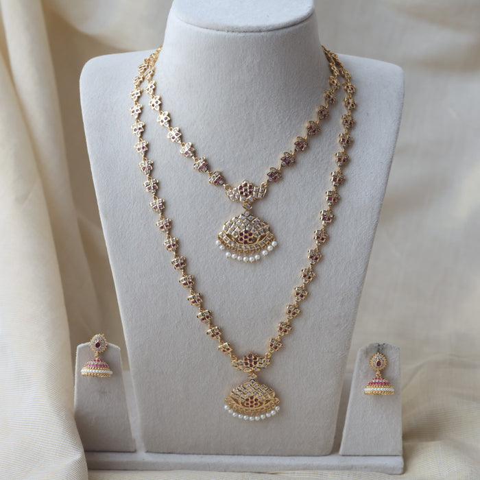 Heritage gold plated white stone long and short necklace with earrings HLS189