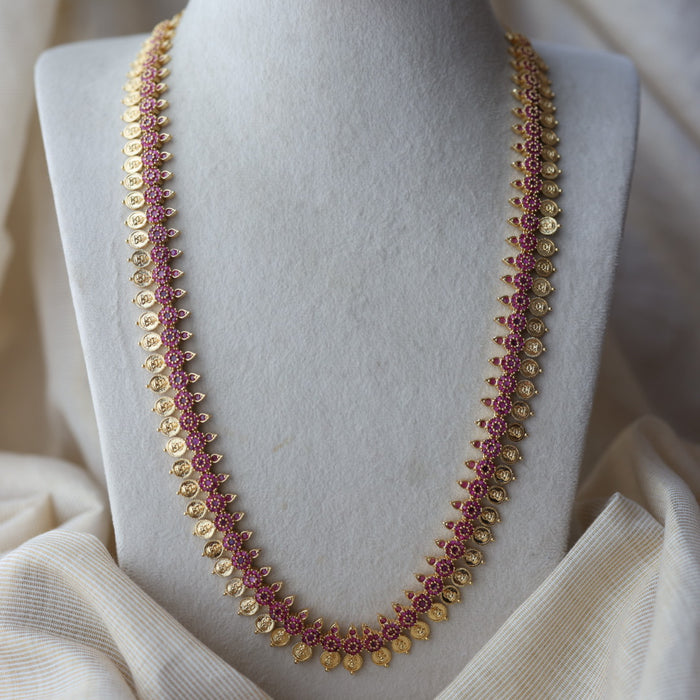 Heritage gold plated ruby stone coin long necklace with earrings HL0822