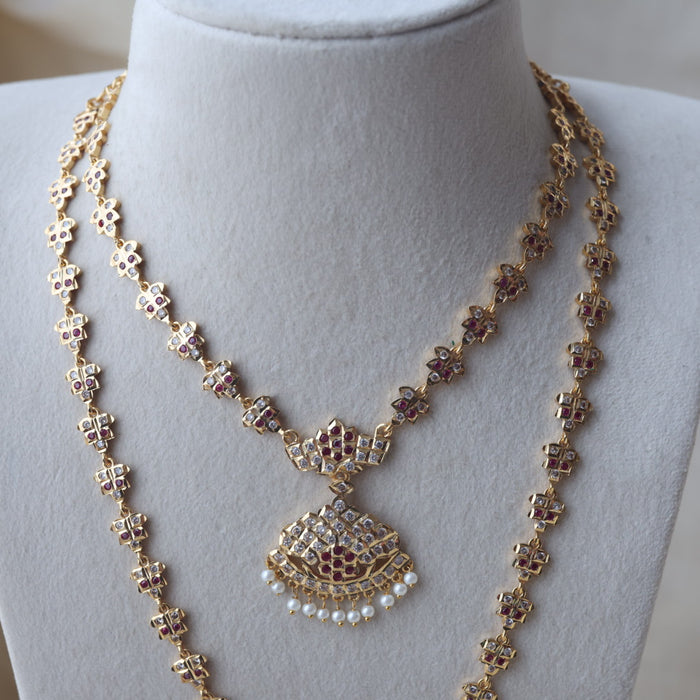 Heritage gold plated white stone long and short necklace with earrings HLS189