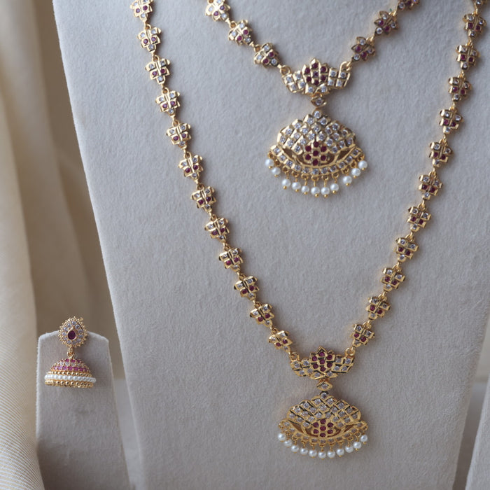 Heritage gold plated white stone long and short necklace with earrings HLS189