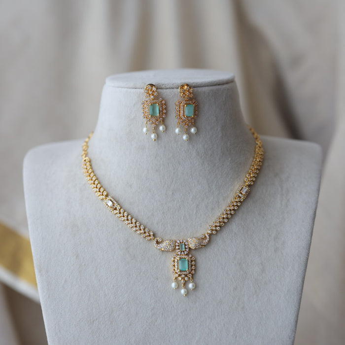Heritage gold plated mint & white stone short necklace with earrings H8991