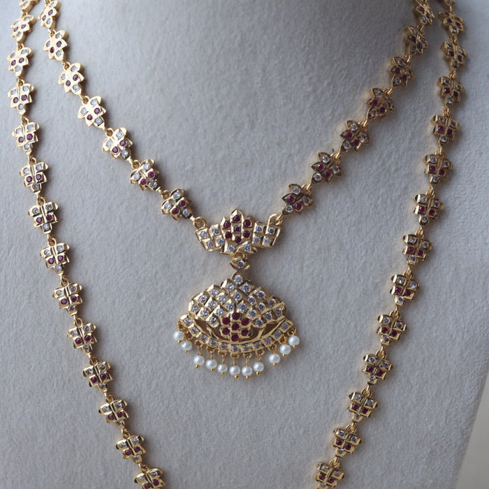 Heritage gold plated white stone long and short necklace with earrings HLS189