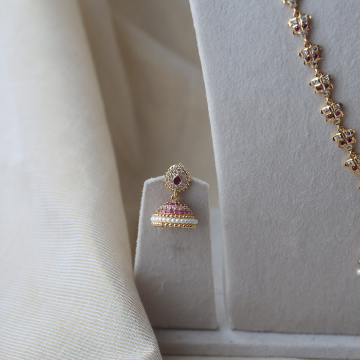 Heritage gold plated white stone long and short necklace with earrings HLS189