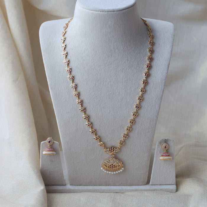 Heritage gold plated white stone long and short necklace with earrings HLS189