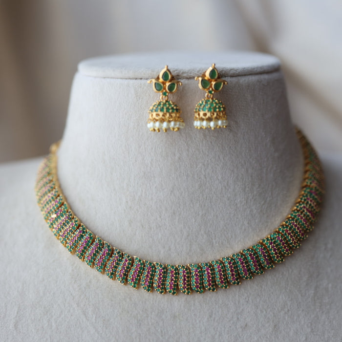 Heritage gold plated ruby green stone short necklace with earrings  H8033