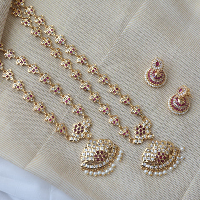 Heritage gold plated white stone long and short necklace with earrings HLS189
