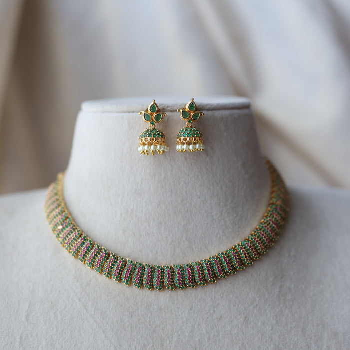Heritage gold plated ruby green stone short necklace with earrings  H8033