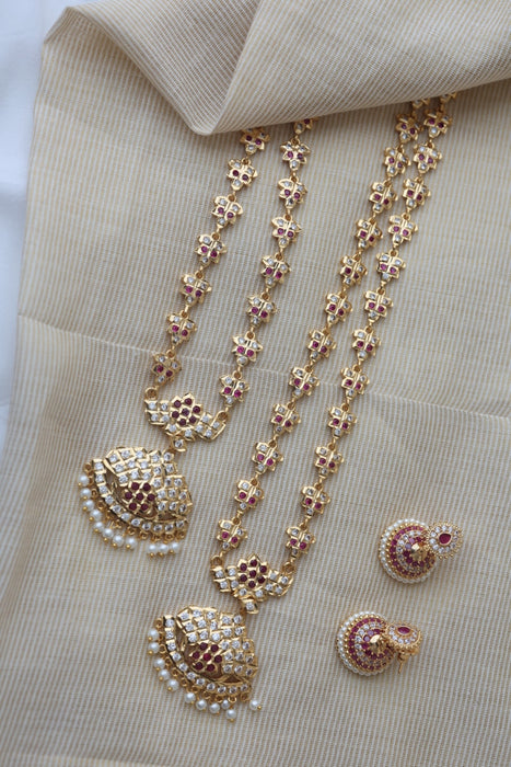 Heritage gold plated white stone long and short necklace with earrings HLS189