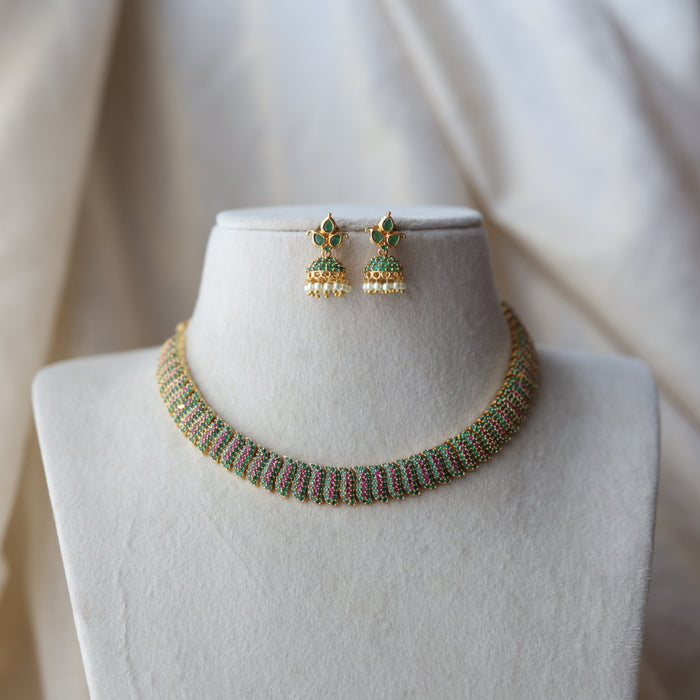 Heritage gold plated ruby green stone short necklace with earrings  H8033