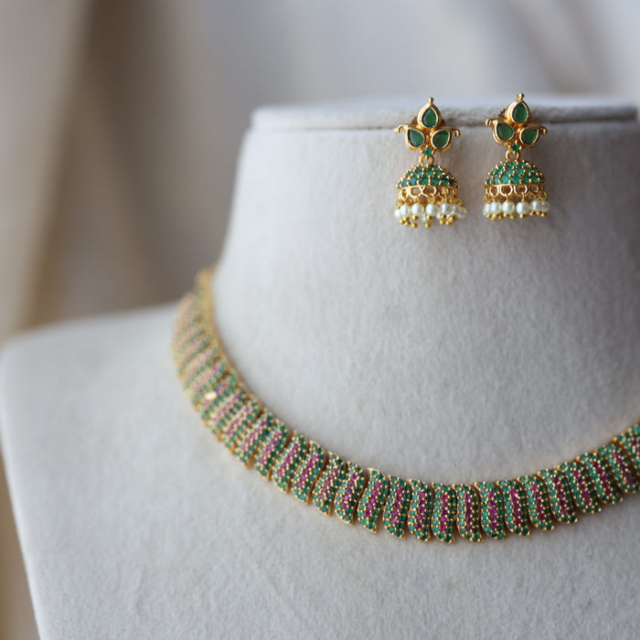 Heritage gold plated ruby green stone short necklace with earrings  H8033