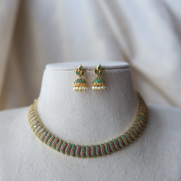 Heritage gold plated ruby green stone short necklace with earrings  H8033