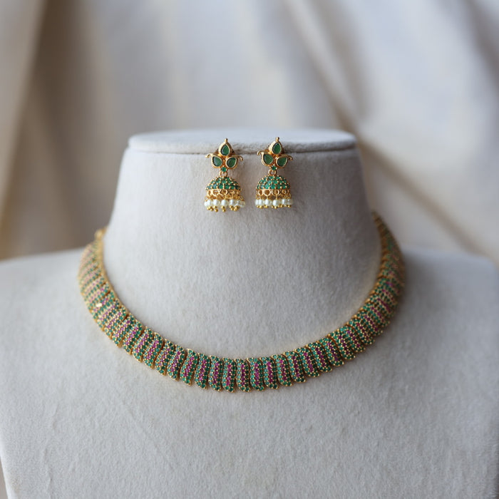 Heritage gold plated ruby green stone short necklace with earrings  H8033