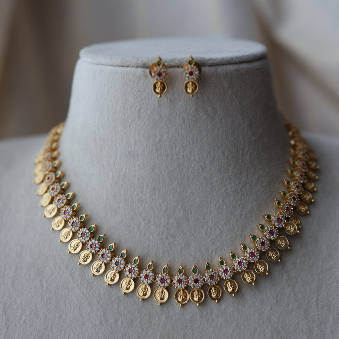Heritage gold plated multi stone coin short necklace with earrings  H91023