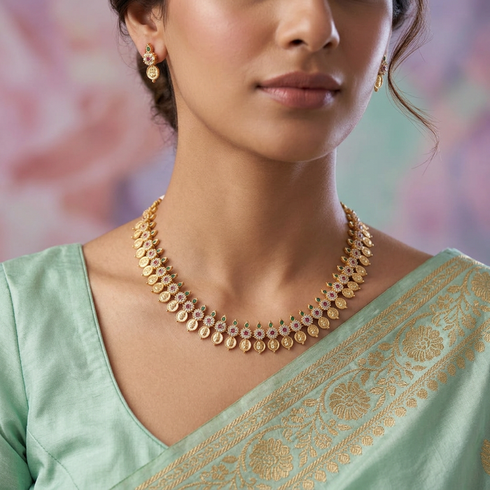 Heritage gold plated multi stone coin short necklace with earrings  H91023
