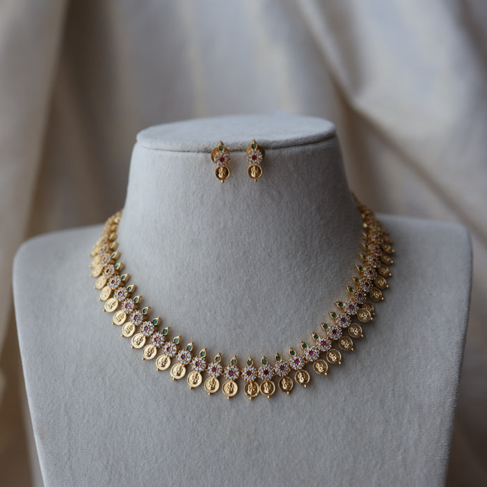 Heritage gold plated multi stone coin short necklace with earrings  H91023