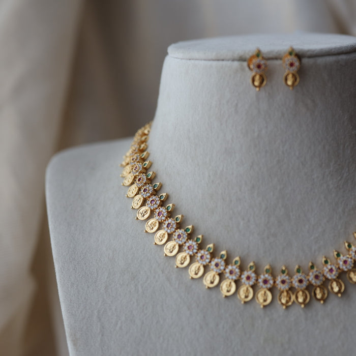 Heritage gold plated multi stone coin short necklace with earrings  H91023