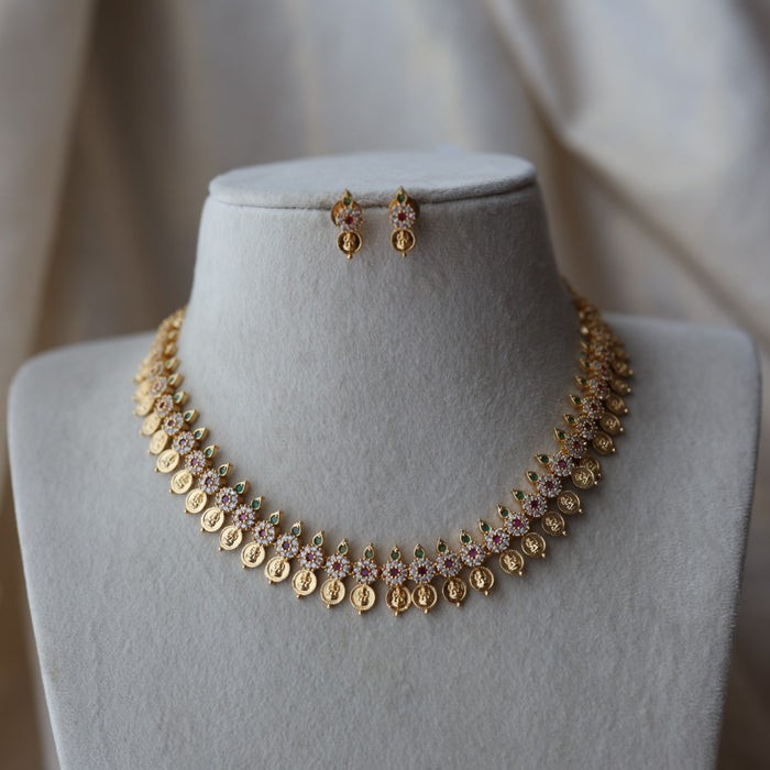 Heritage gold plated multi stone coin short necklace with earrings  H91023