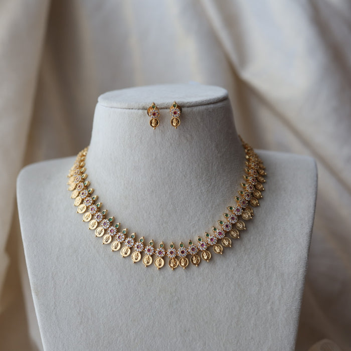 Heritage gold plated multi stone coin short necklace with earrings  H91023