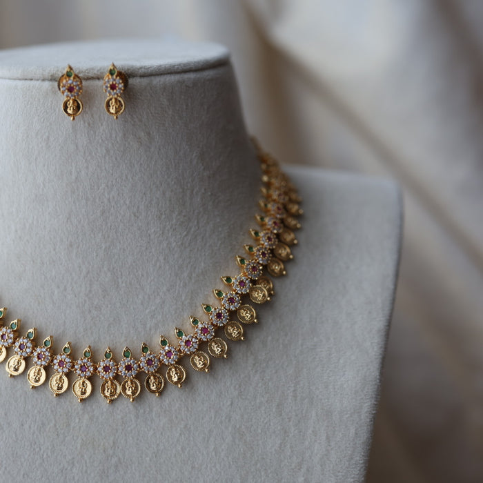 Heritage gold plated multi stone coin short necklace with earrings  H91023