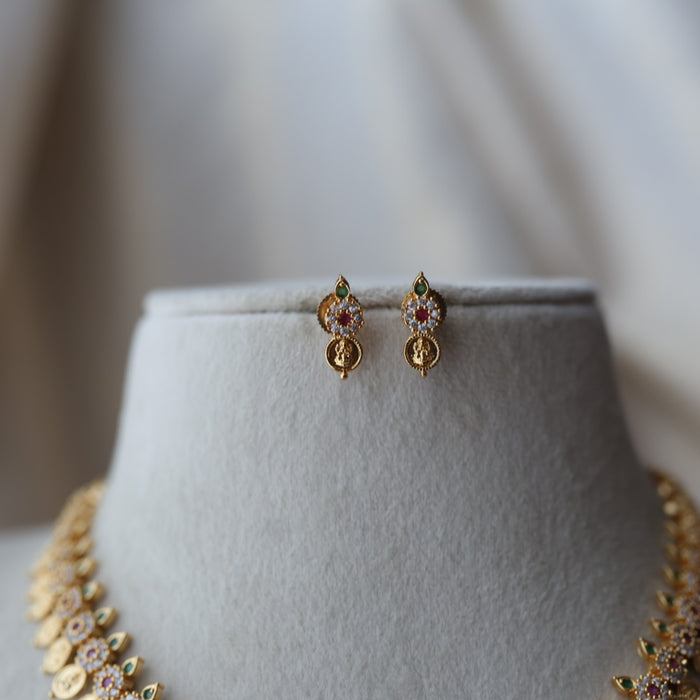 Heritage gold plated multi stone coin short necklace with earrings  H91023