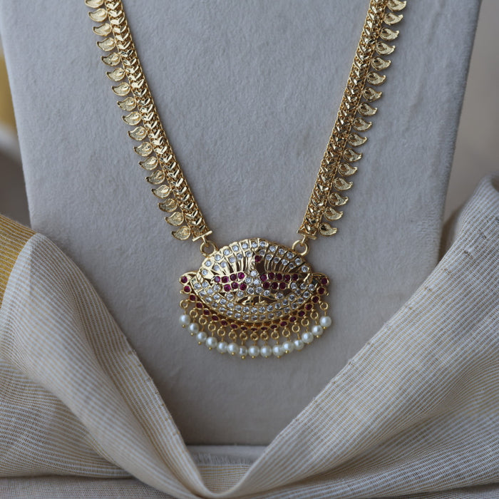 Heritage gold plated ruby white stone mango long padakam necklace HL521