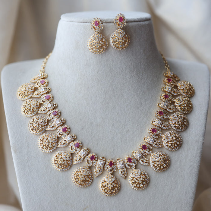 Heritage gold plated ruby white stone coin short necklace with earrings  H8193