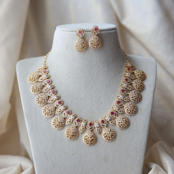Heritage gold plated ruby white stone coin short necklace with earrings  H8193