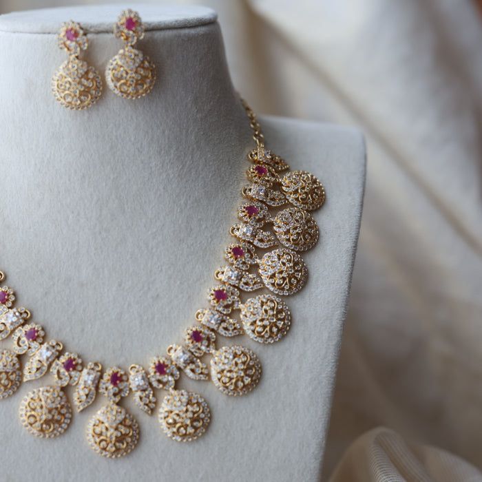 Heritage gold plated ruby white stone coin short necklace with earrings  H8193