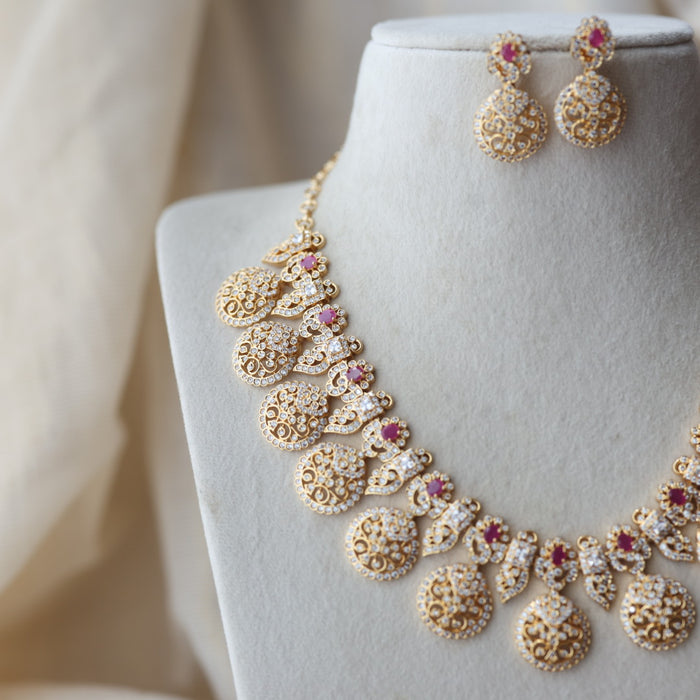 Heritage gold plated ruby white stone coin short necklace with earrings  H8193
