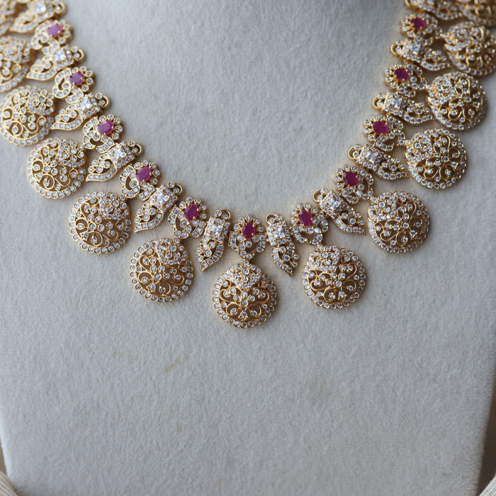 Heritage gold plated ruby white stone coin short necklace with earrings  H8193