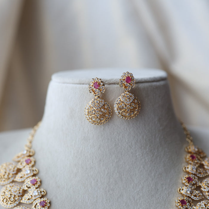 Heritage gold plated ruby white stone coin short necklace with earrings  H8193
