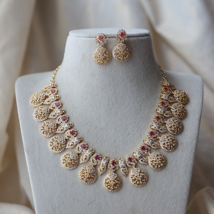 Heritage gold plated ruby white stone coin short necklace with earrings  H8193