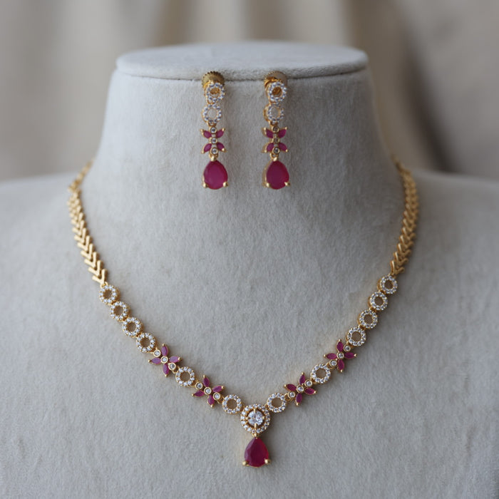 Heritage gold plated ruby & white stone short necklace with earrings H8137