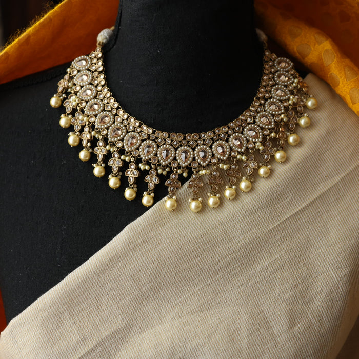 Trendy white stone short necklace with earrings and tikka TW007456