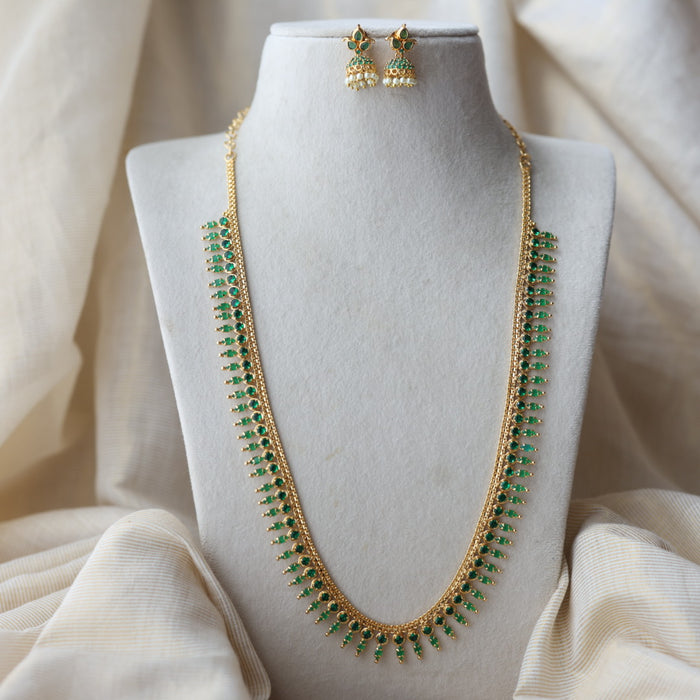 Heritage gold plated green stone long necklace with earrings  HL98991