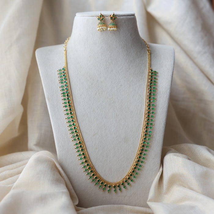 Heritage gold plated green stone long necklace with earrings  HL98991