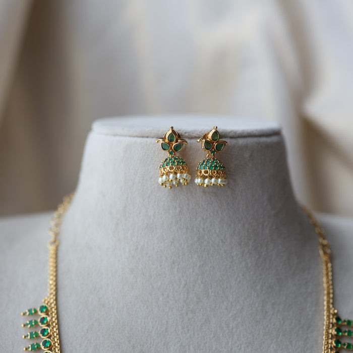 Heritage gold plated green stone long necklace with earrings  HL98991
